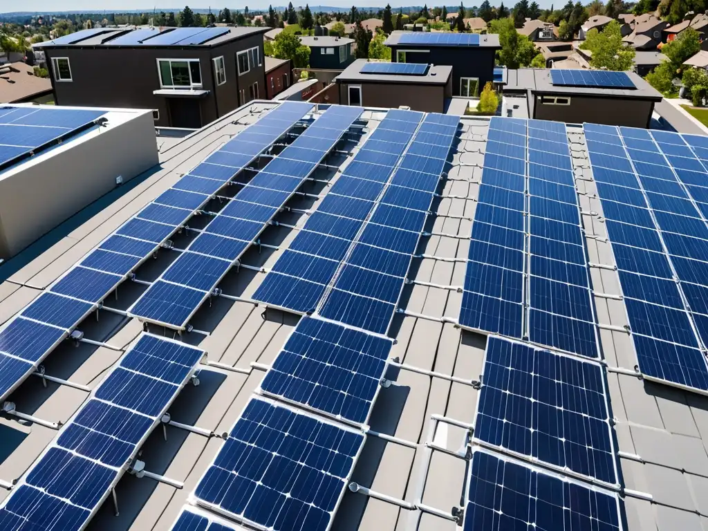 Paneles solares relucientes en tejado residencial bajo cielo azul claro