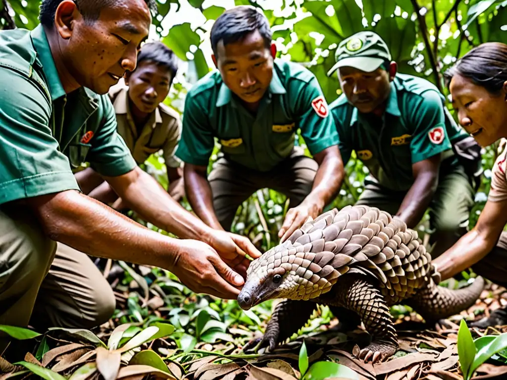 Un pangolín liberado de nuevo en la selva por un equipo de conservacionistas, mostrando las consecuencias del tráfico de especies