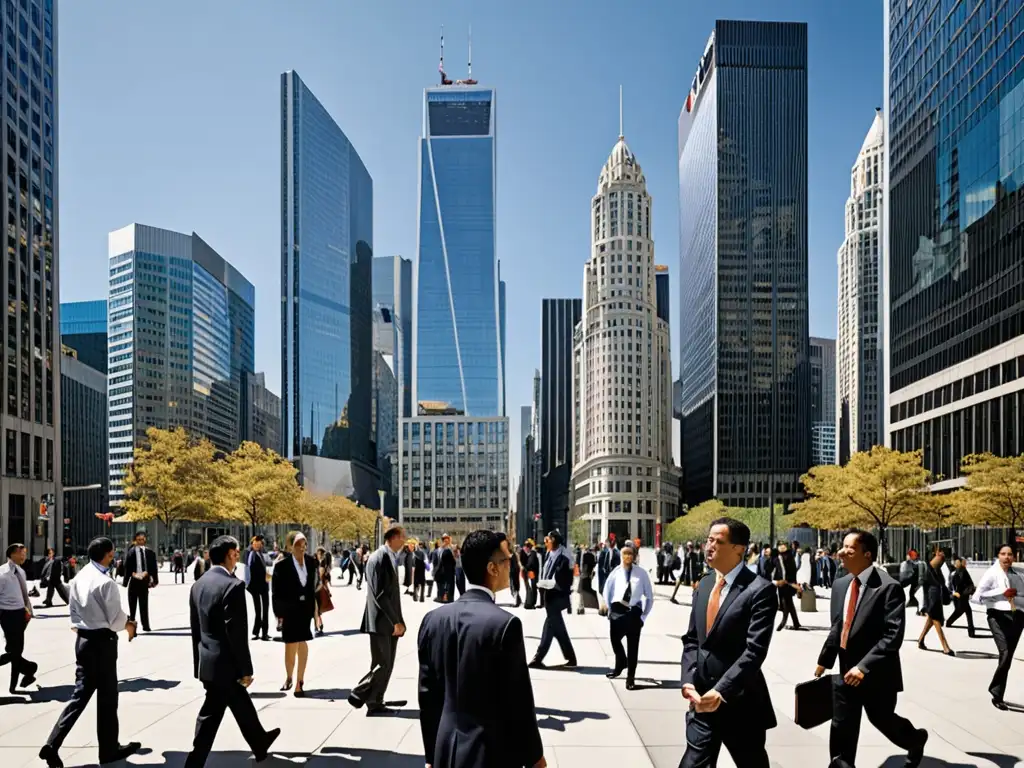 Un panorama de un bullicioso distrito financiero con rascacielos modernos destacándose contra un cielo azul