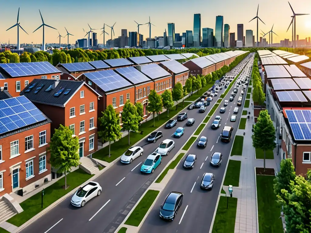 Panorama de una ciudad con edificios tradicionales y modernos, coexistiendo con energías limpias y regulaciones de emisiones