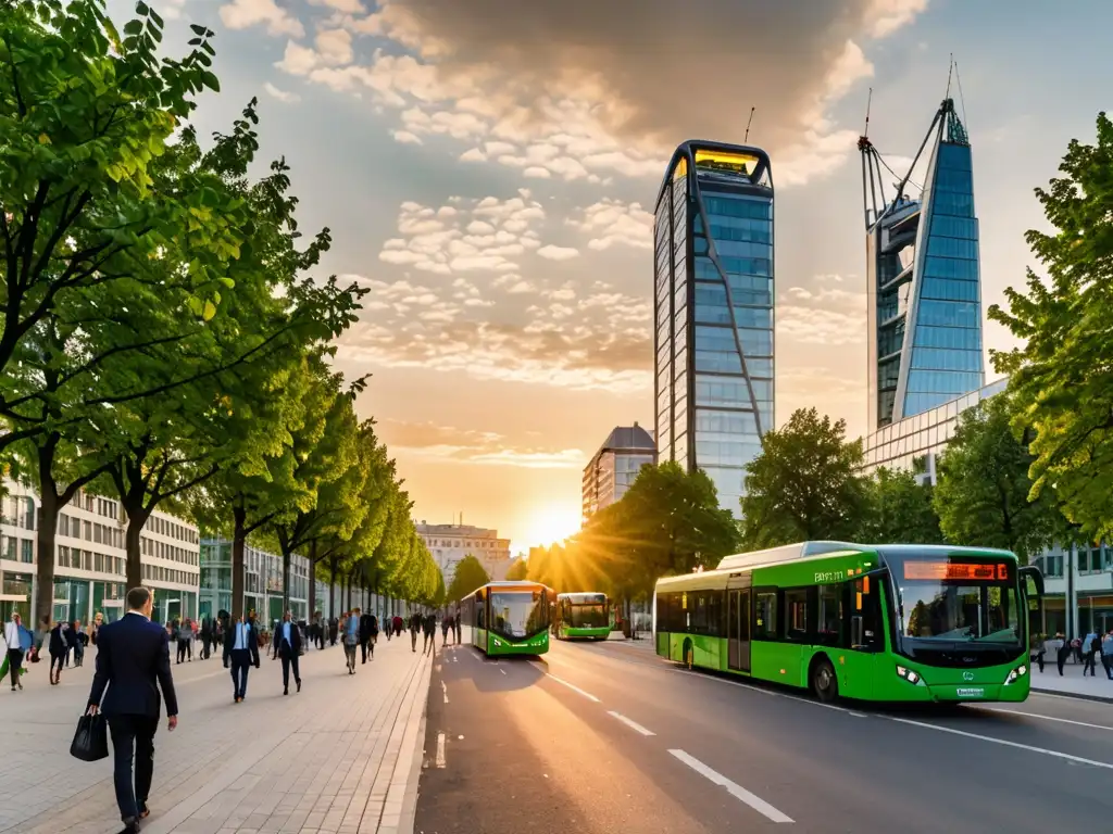 Panorama de una ciudad europea sostenible con gente, transporte eléctrico y profesionales discutiendo Acciones requeridas empresas Pacto Verde