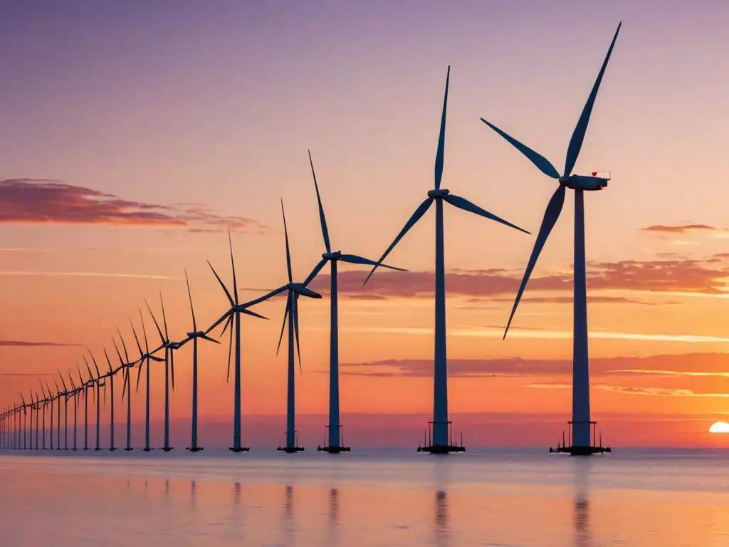 Panorama de molinos eólicos en un atardecer colorido, desafíos legales proyectos eólicos ambientales