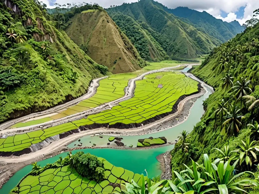 Panorama de montañas verdes con indígenas practicando minería sostenible frente a la devastación por minería ilegal en Filipinas