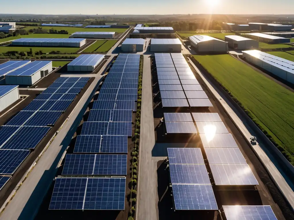 Panorámica de área industrial con paneles solares en techos, reflejando la transición energética en empresas y sus obligaciones legales