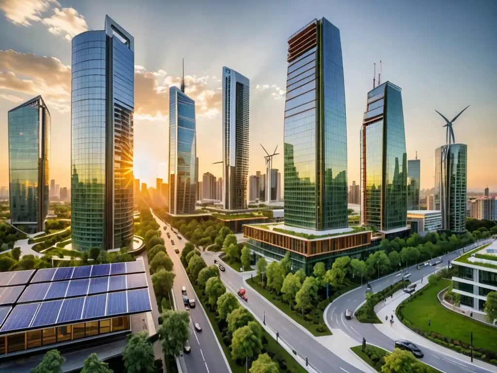 Panorámica de un atardecer en el horizonte urbano moderno con rascacielos de vidrio reflejando la cálida luz dorada