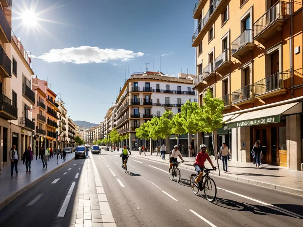 Una panorámica de una bulliciosa calle en España, con edificios modernos y eficientes energéticamente