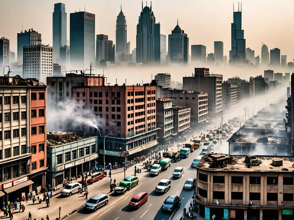 Panorámica de centro urbano con rascacielos modernos y edificios históricos, contrastando desarrollo industrial y preservación urbana