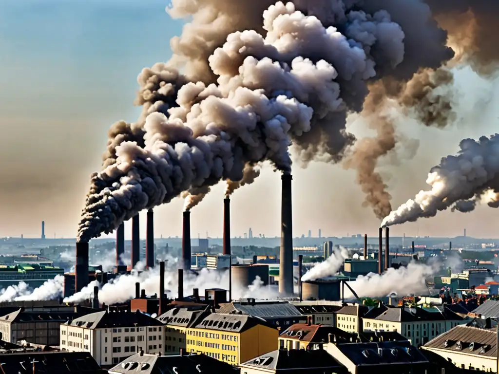 Contaminación industrial en la ciudad: urgencia legislativa Panorámica de ciudad europea con emisiones industriales, reflejo de la legislación ambiental europea calidad aire