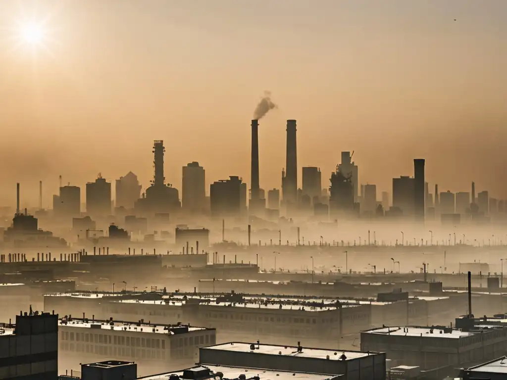 Panorámica de una ciudad industrial envuelta en smog, con el sol luchando por atravesar la contaminación