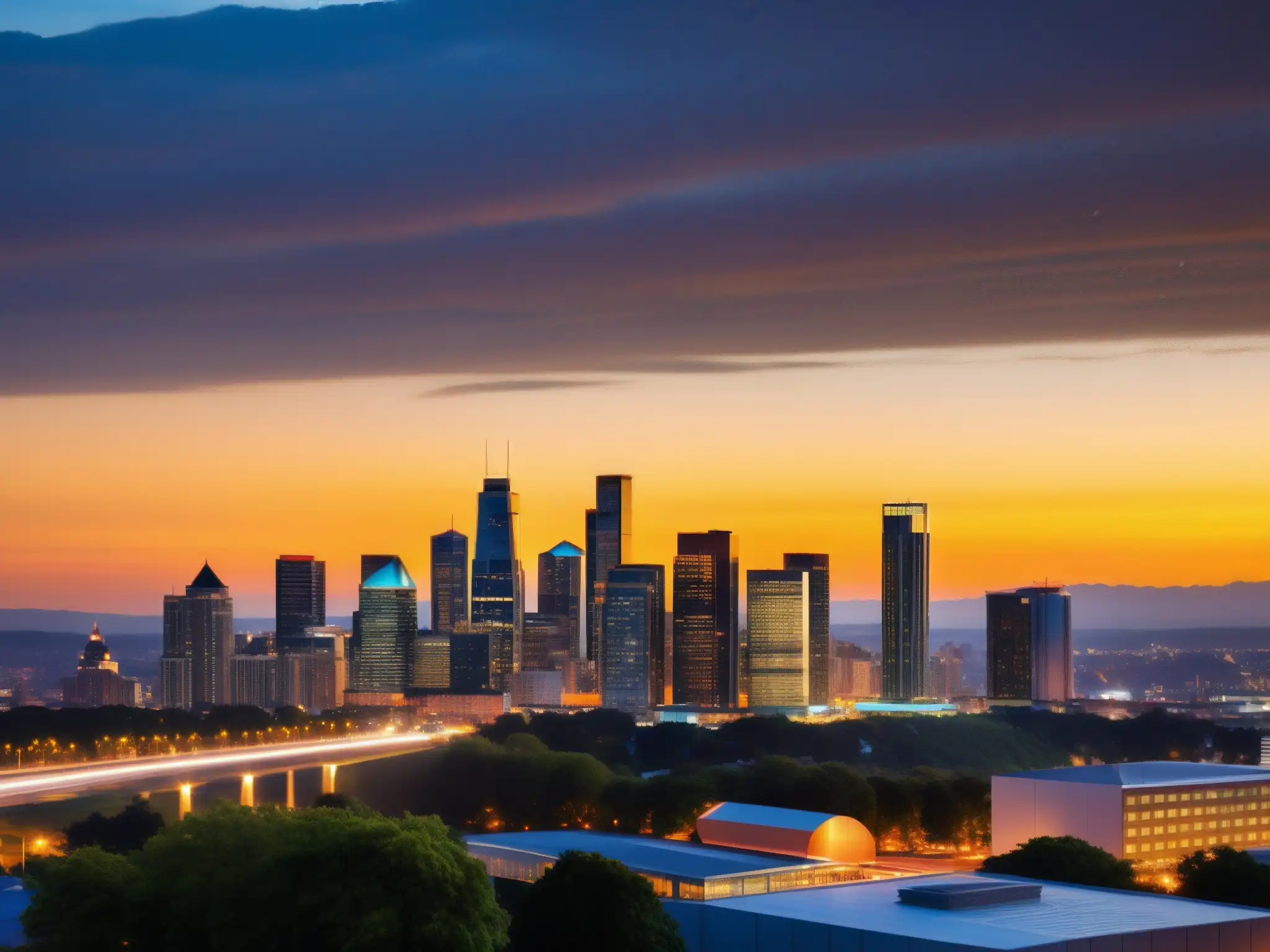 Panorámica de ciudad moderna al atardecer, con edificios energéticamente eficientes