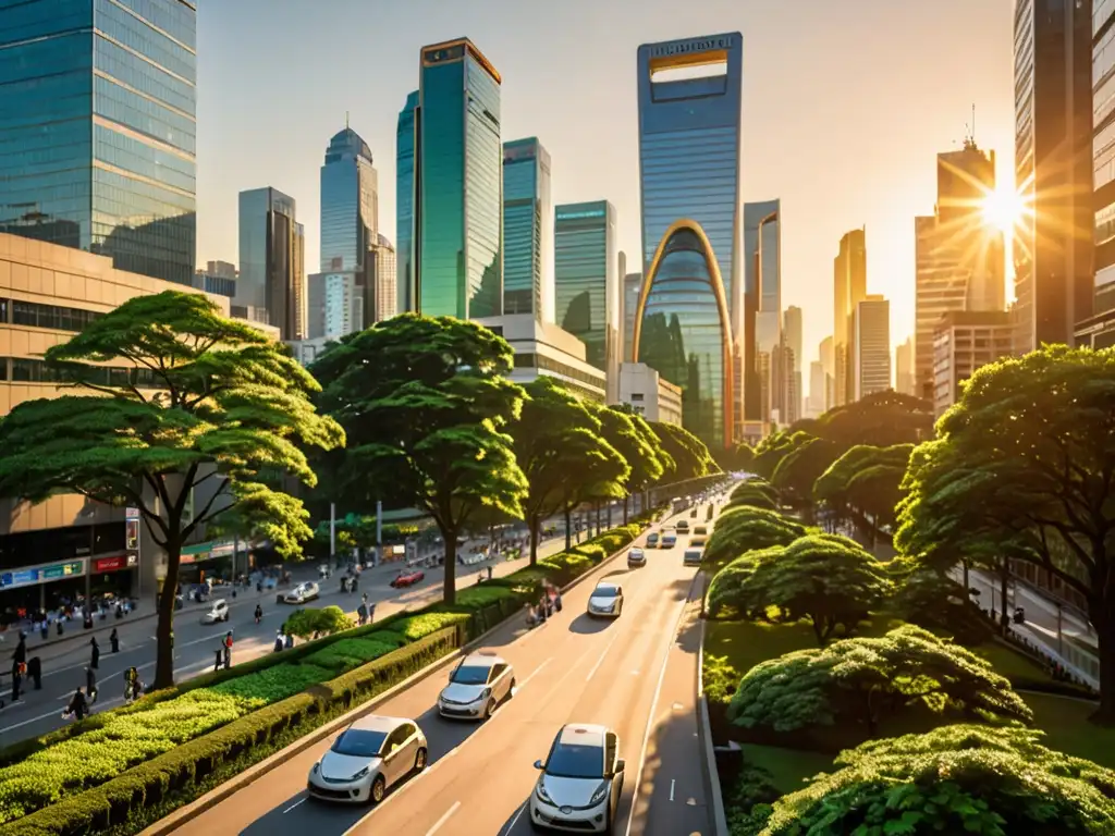 Panorámica de una ciudad moderna con rascacielos y parques