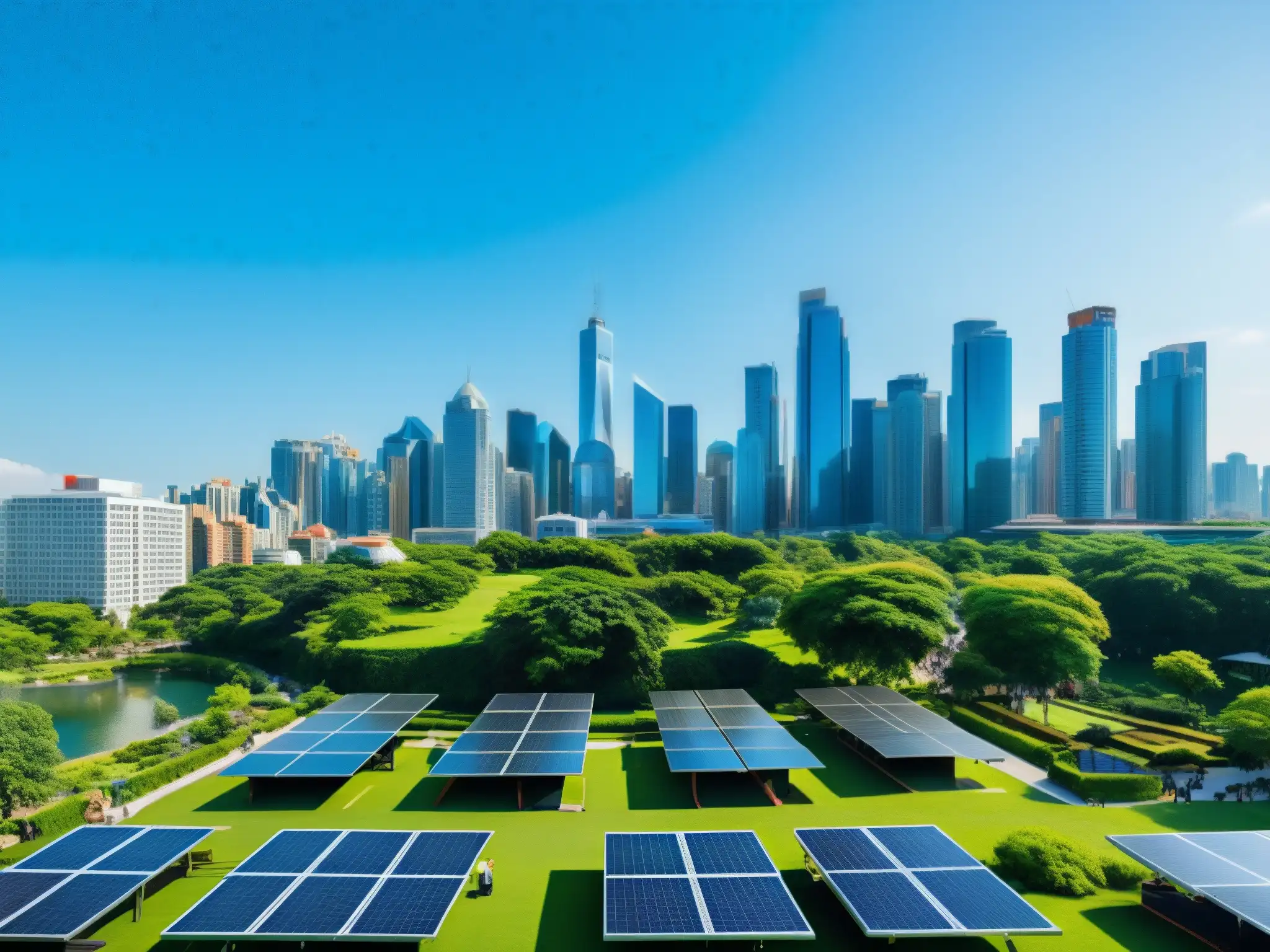 Panorámica de una ciudad moderna con rascacielos y un parque verde, simbolizando la integración de la financiación sostenible para bancos en el desarrollo urbano