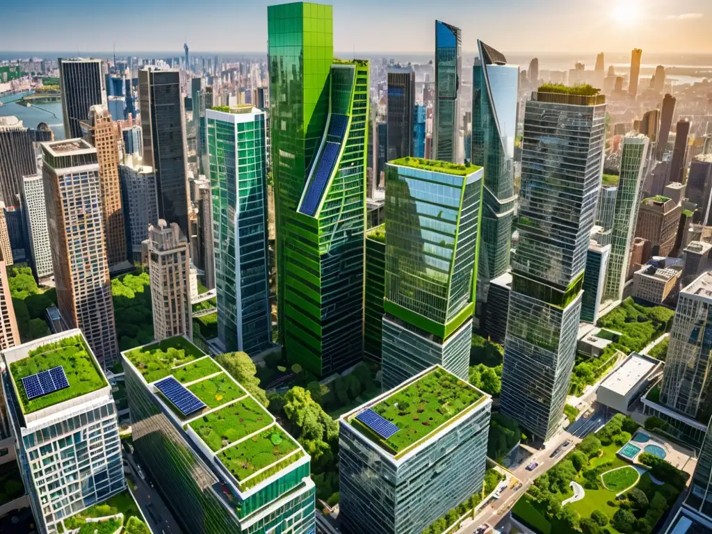 Panorámica de una ciudad con rascacielos modernos, espacios verdes y paneles solares, mostrando la arquitectura sostenible y la convivencia armónica entre naturaleza y desarrollo urbano