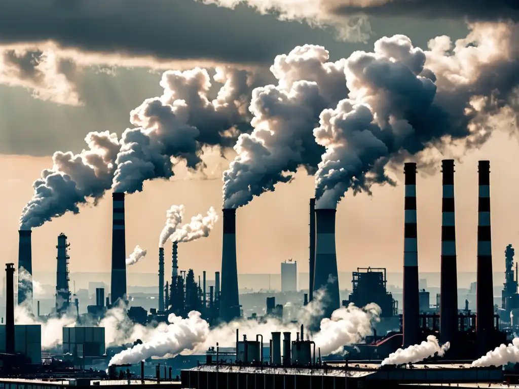 Panorámica de la ciudad con rascacielos modernos y chimeneas emitiendo humo