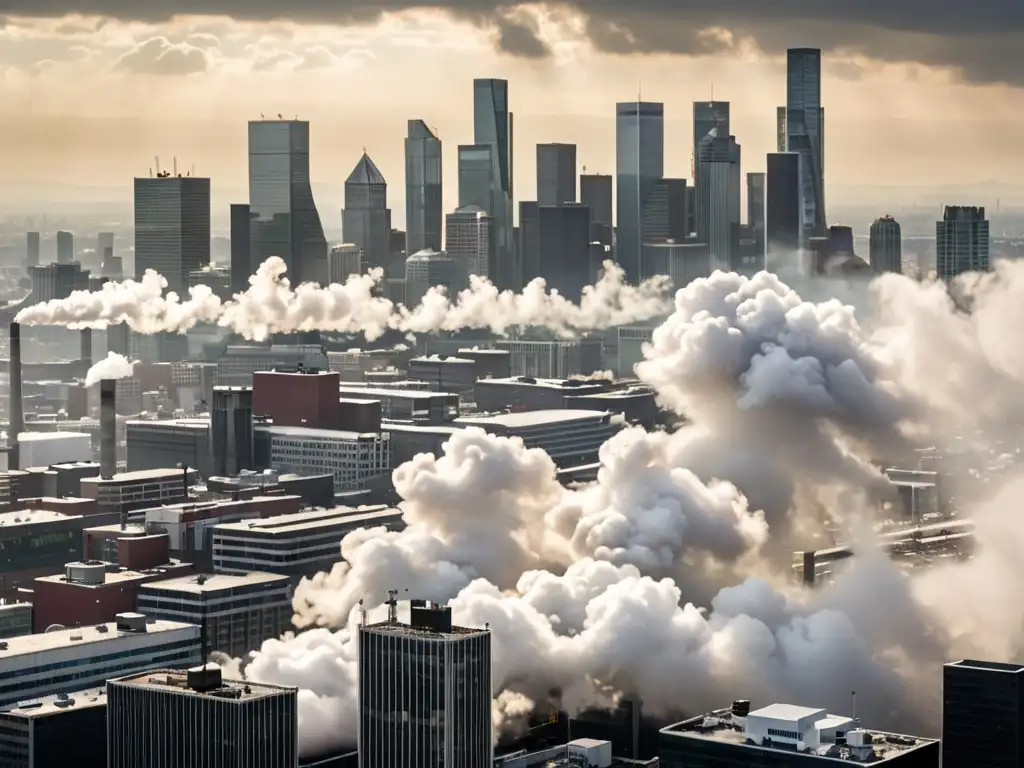 Panorámica de la ciudad con smog y tráfico