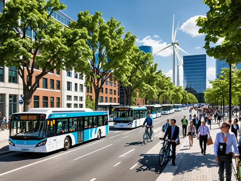 Panorámica de ciudad sostenible con transporte eléctrico y discusión sobre transición hacia economía baja carbono