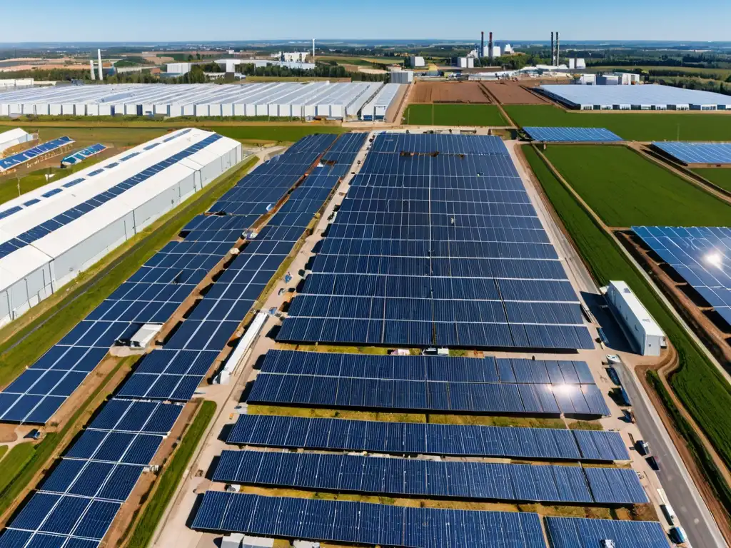 Panorámica de complejo industrial con paneles solares en los techos, reflejando la responsabilidad corporativa en transición energética