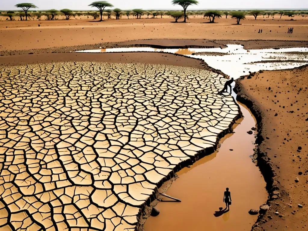 Panorámica desolada de un lecho de río agrietado en la sabana africana, reflejando la lucha por recursos naturales en África