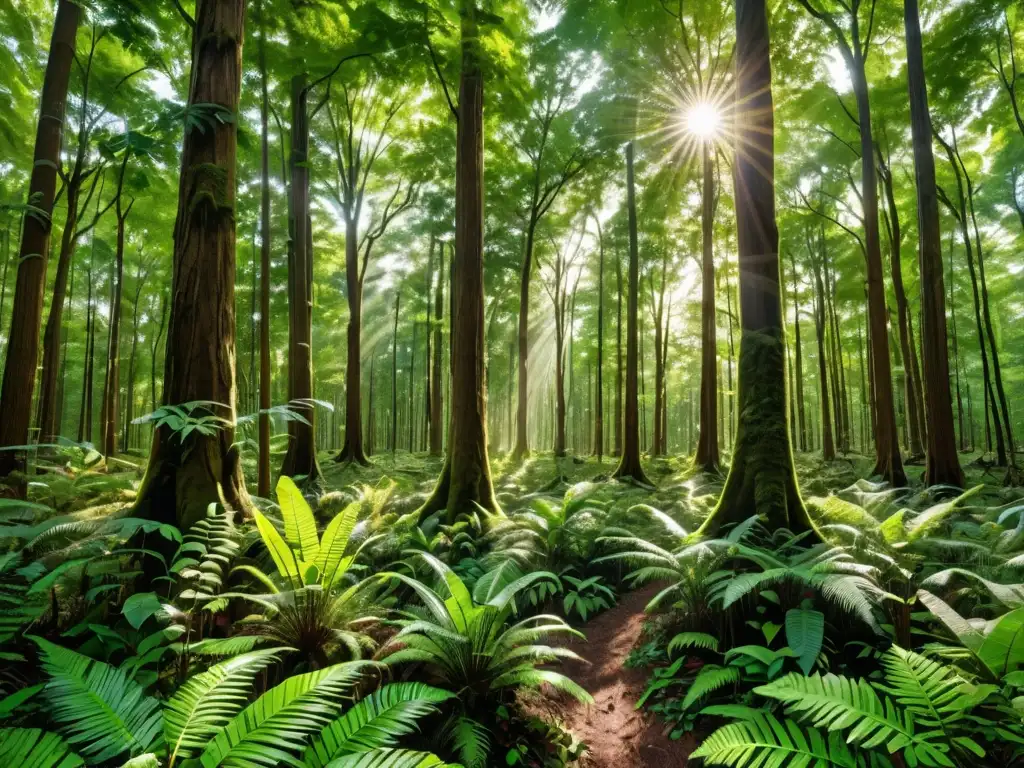 Panorámica de exuberante bosque, árboles altos, diversa vegetación, luz solar entre el dosel