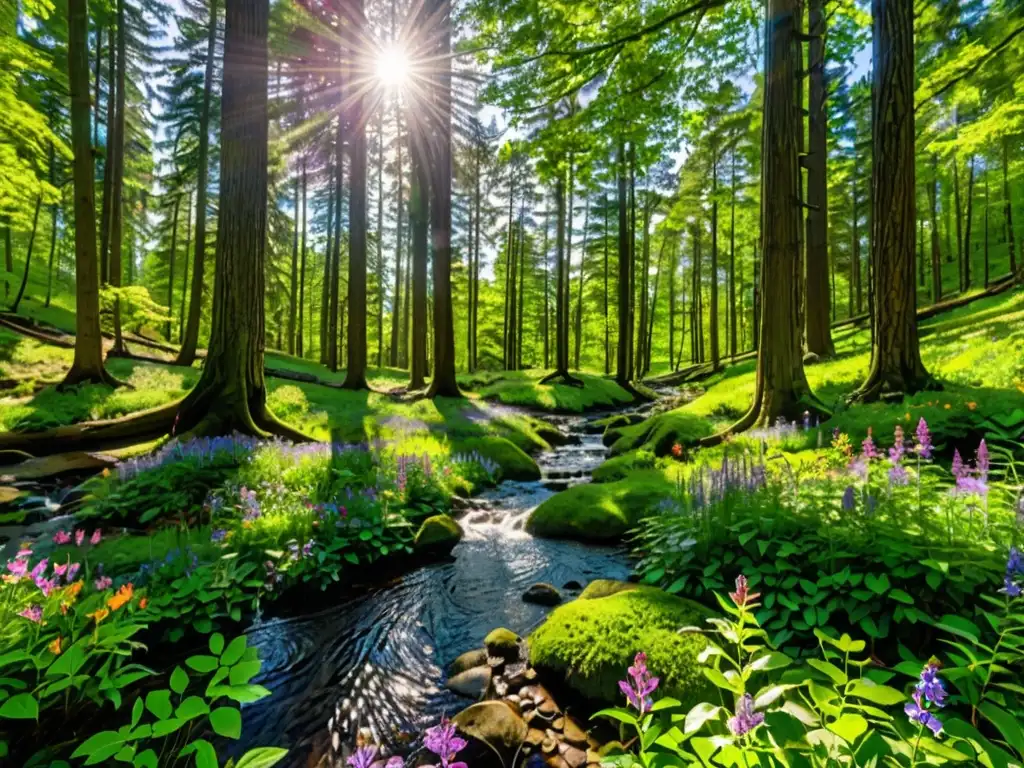 Panorámica de un exuberante bosque, con luz solar entre árboles altos y sombras en el suelo