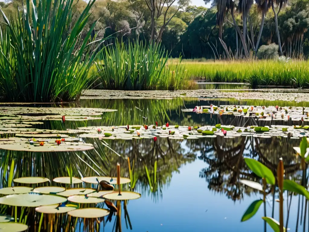 Panorámica de un exuberante humedal, con diversa flora y fauna