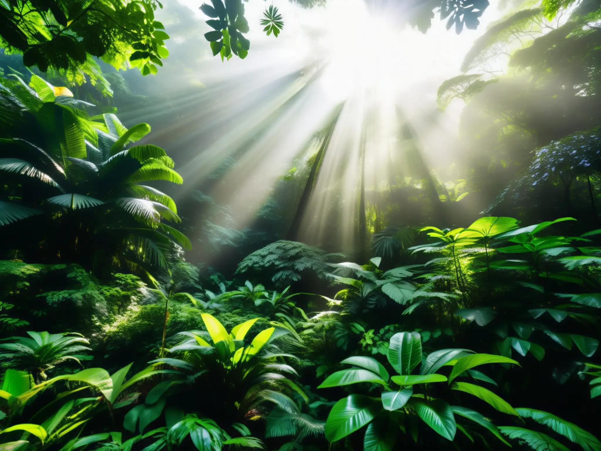 Panorámica de exuberante selva tropical con diversa vida silvestre