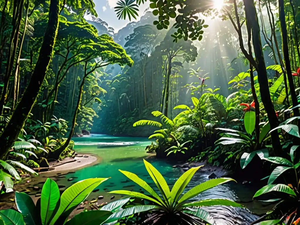 Panorámica de exuberante selva tropical con vida silvestre y río cristalino