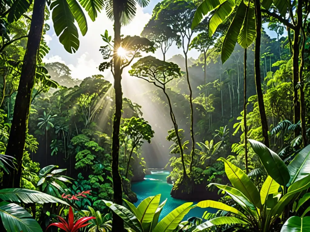 Panorámica de exuberante selva tropical en el Caribe, ríos serpenteantes, flora y fauna nativa