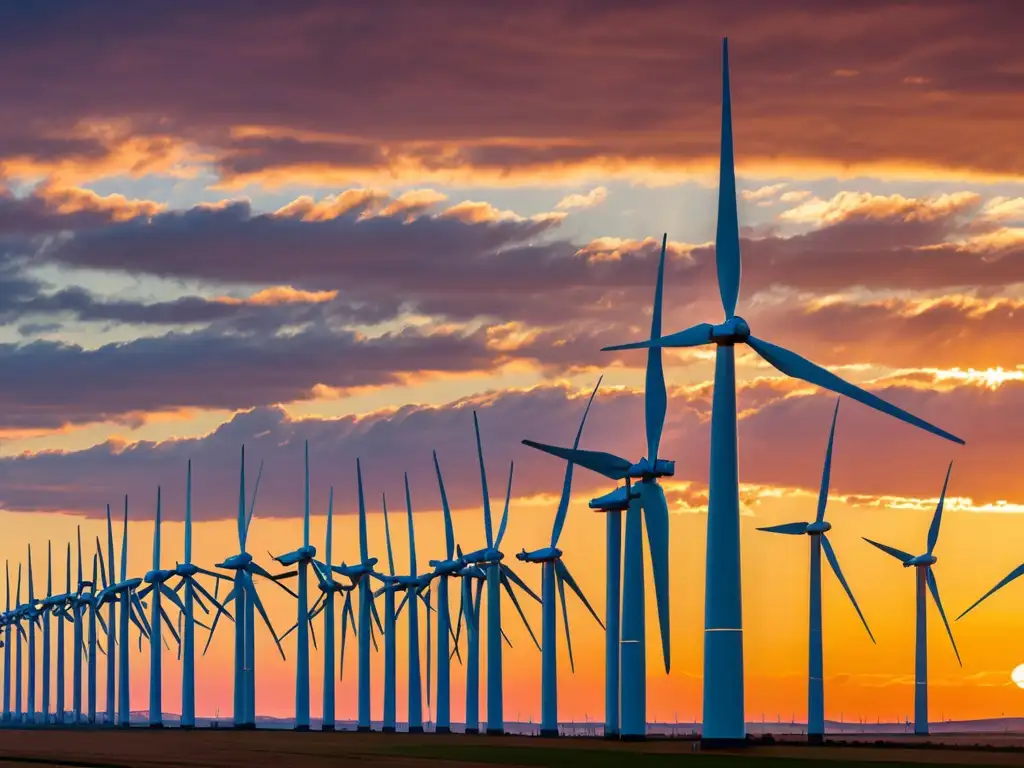 Panorámica de un gran parque eólico europeo al atardecer, mostrando la innovación y potencial de energías renovables