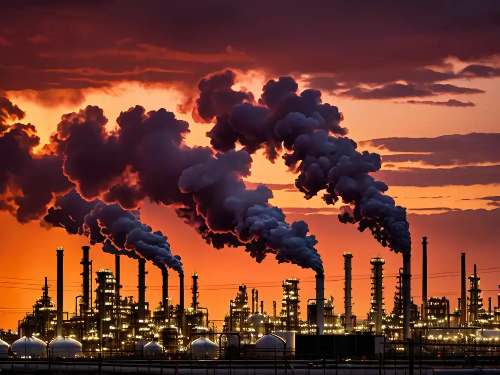 Panorámica de una gran refinería industrial al atardecer, emitiendo humo y vapor