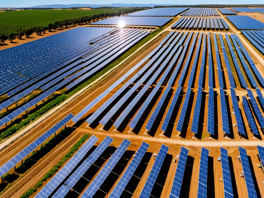 Panorámica de una granja solar en el campo español, con paneles relucientes bajo el cielo azul