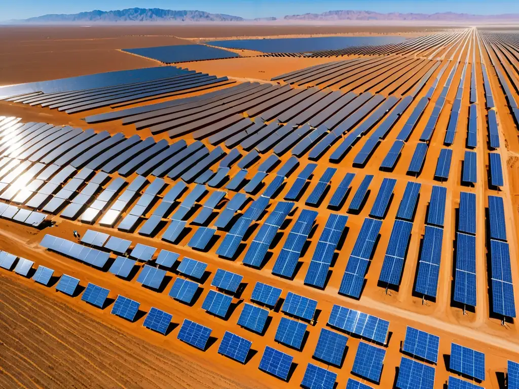 Panorámica de granja solar en desierto, reflejando el sol