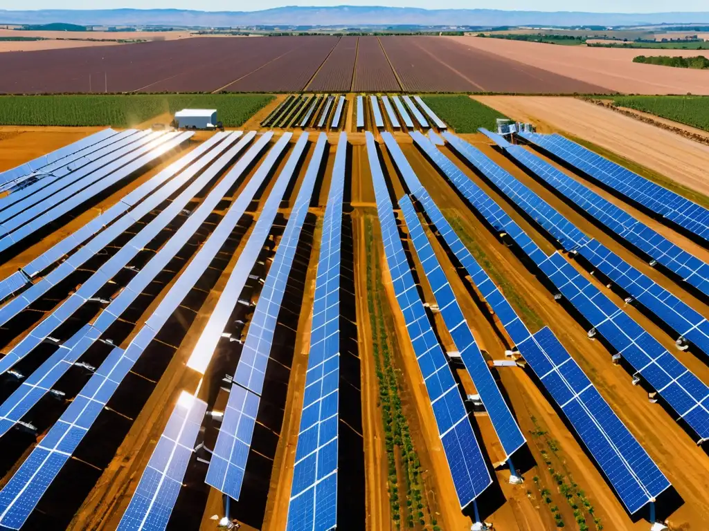 Panorámica de granja solar con paneles futuristas bajo cielo azul