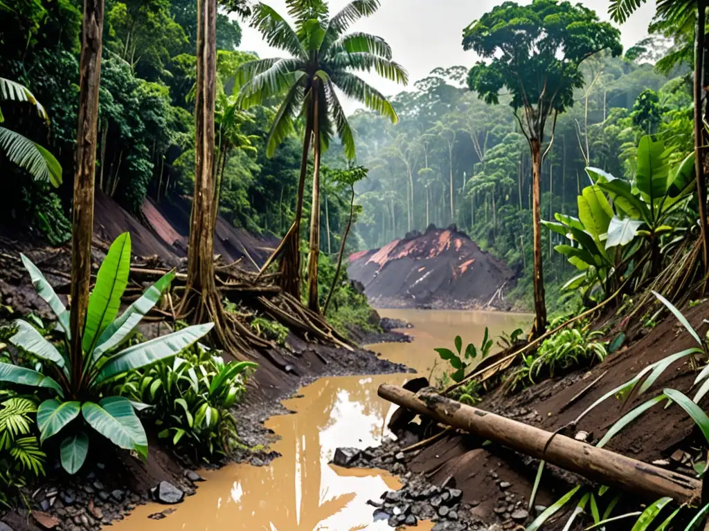 Panorámica impactante de la selva biodiversa contrastada con la devastación causada por la minería ilegal