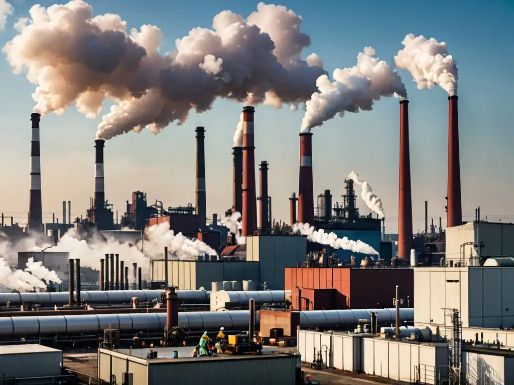 Panorámica industrial con humo y trabajadores realizando pruebas de calidad del aire