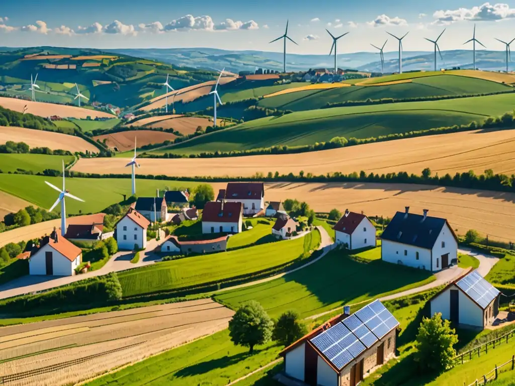 Panorámica de un paisaje europeo con molinos de viento y granjas solares, en el marco legal de la regulación de energía renovable