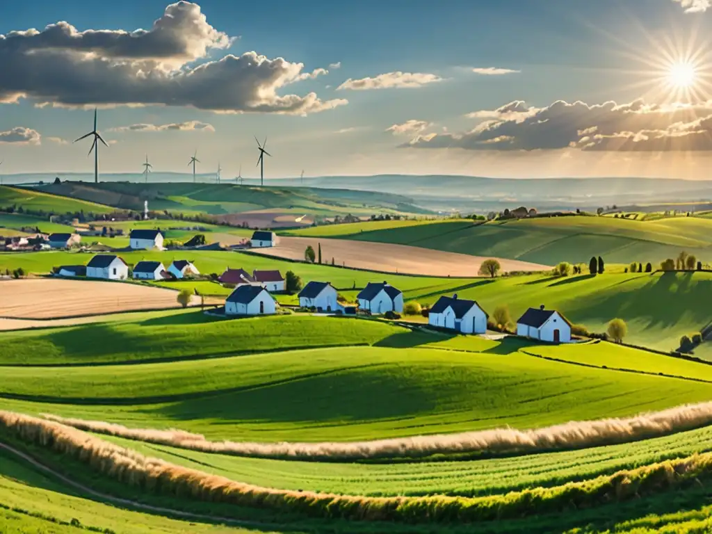 Panorámica de paisaje rural con campos y molinos de viento