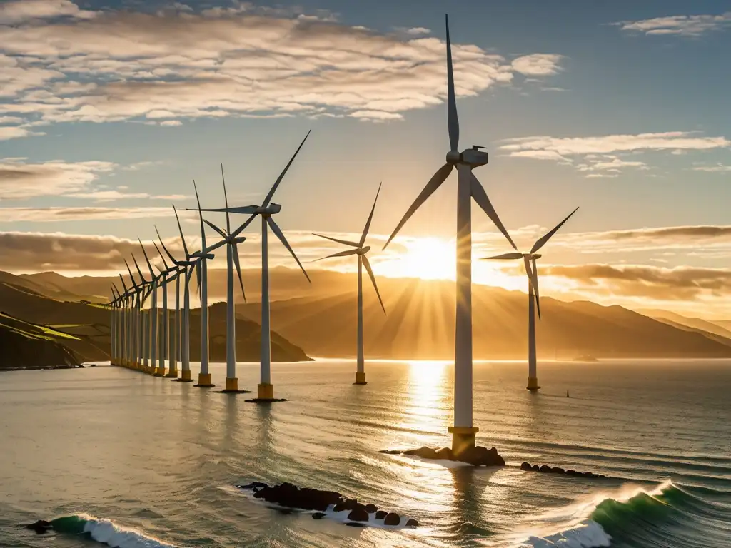 Panorámica de un parque eólico al atardecer en la costa de Nueva Zelanda, destacando la belleza de las energías renovables en Oceanía