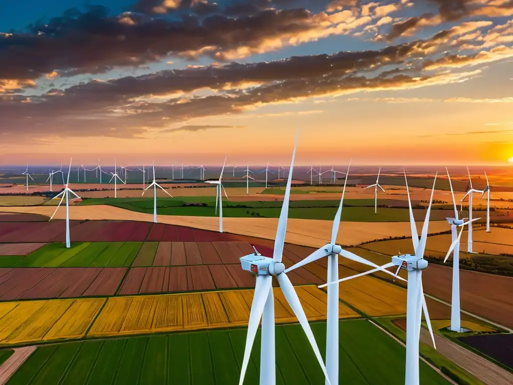 Panorámica de un parque eólico al atardecer, con turbinas eólicas que se extienden hacia el horizonte