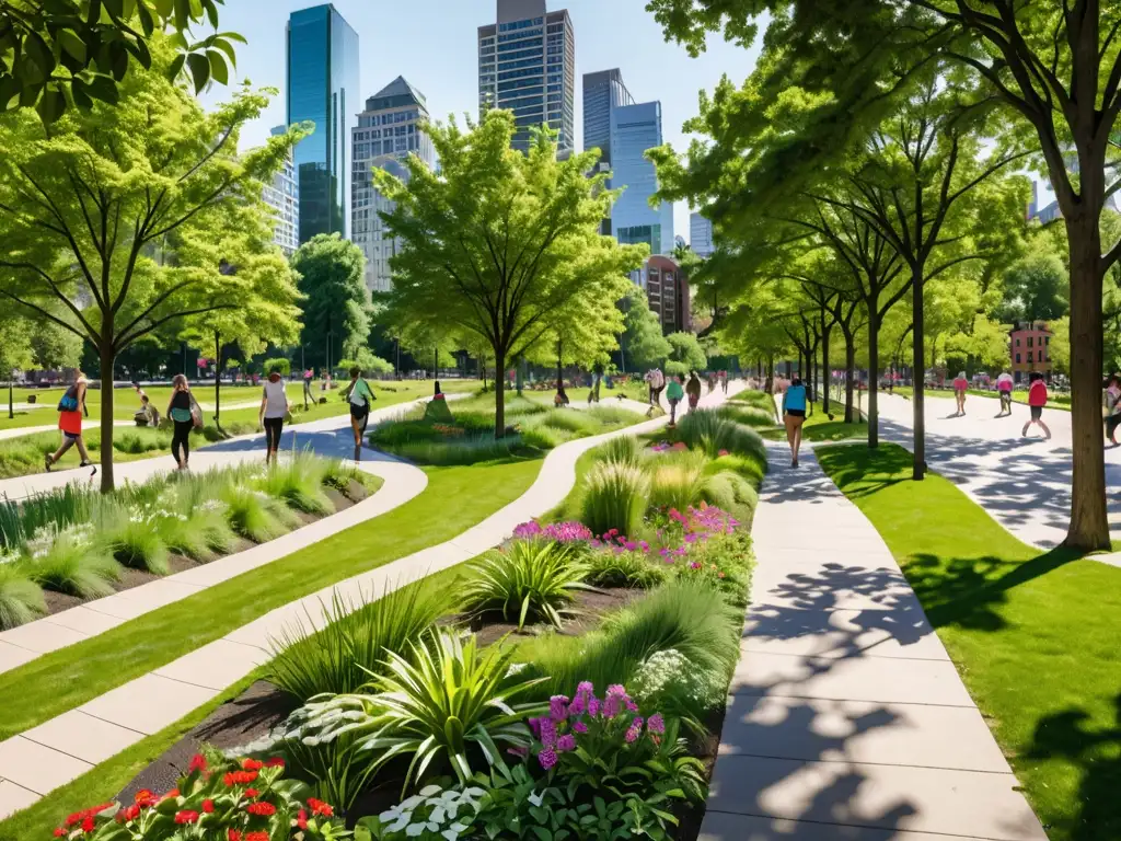 Un paraíso verde en la ciudad: áreas verdes urbanas, gente disfrutando, naturaleza exuberante y un entorno sostenible vibrante