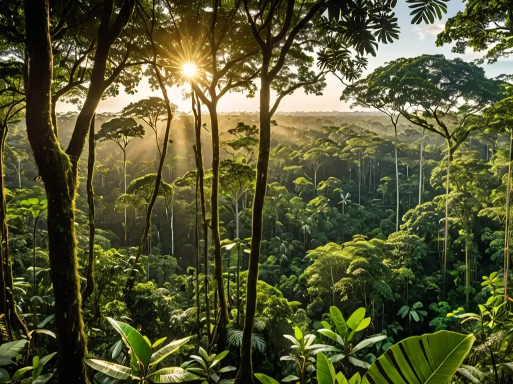 Un paraíso verde exuberante en la selva amazónica, con una diversidad de vida silvestre y luz dorada filtrándose entre el dosel