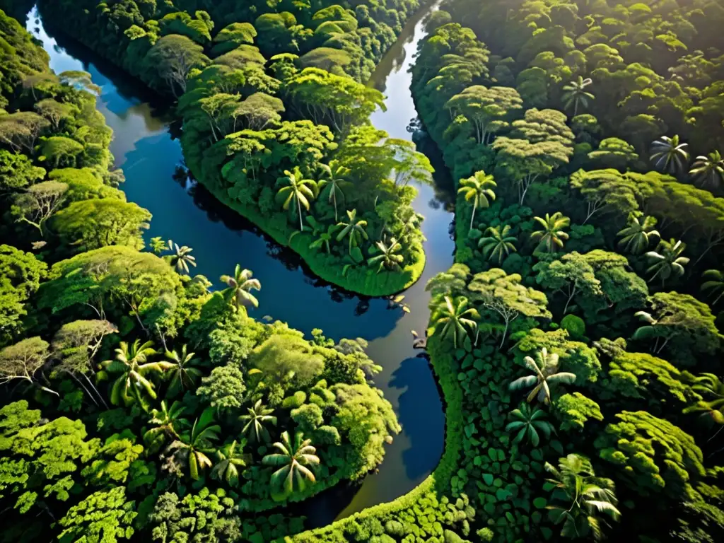 Un paraíso verde de la selva con río serpenteante, aves y monos