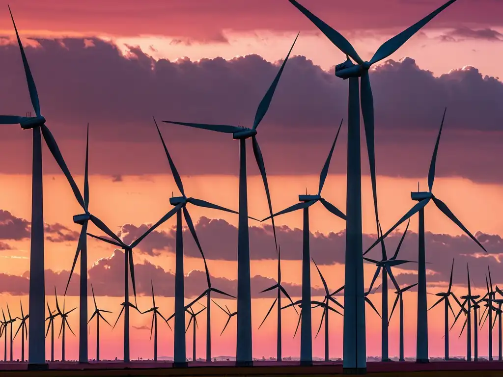 Un parque eólico al atardecer, con molinos de viento destacándose en el cielo anaranjado y rosado