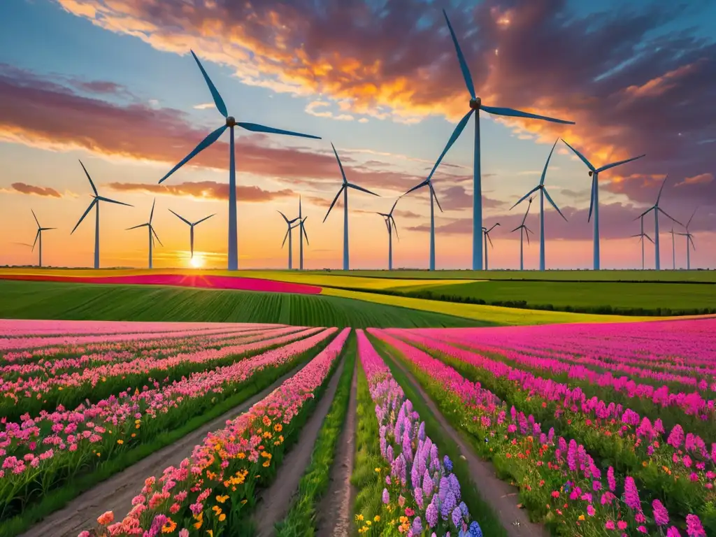 Un parque eólico al atardecer, con turbinas en movimiento y un campo de flores silvestres