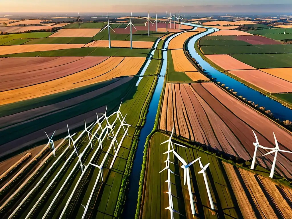 Un parque eólico extenso con turbinas altas y sombras dramáticas, en un atardecer vibrante