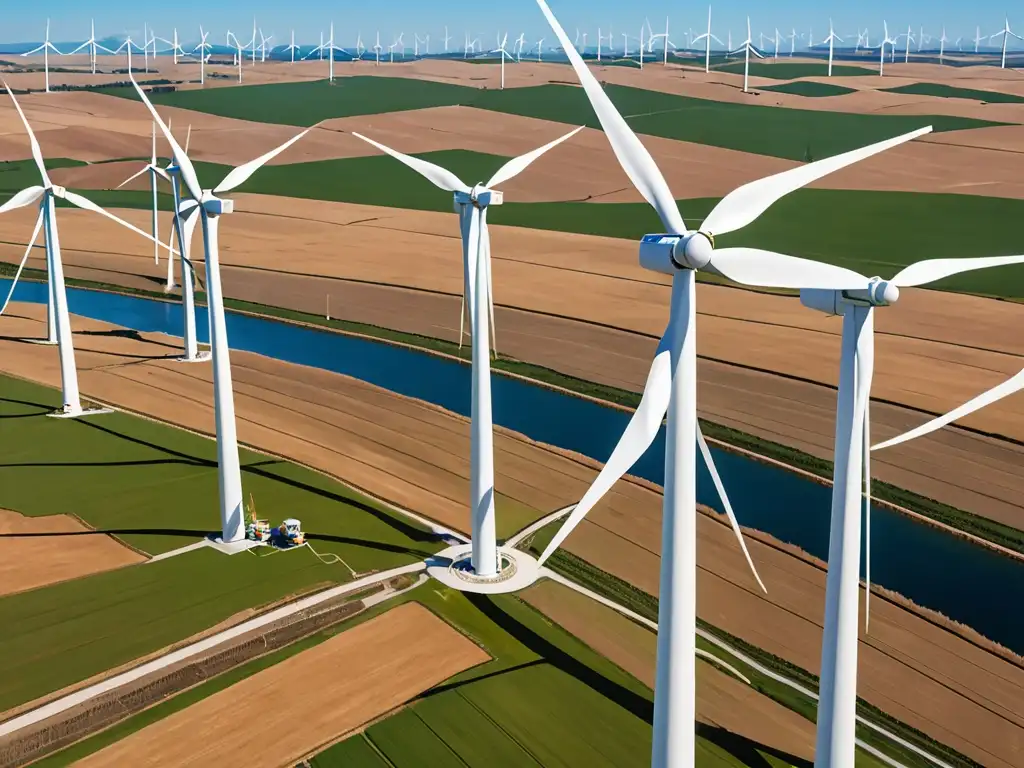 Un parque eólico moderno en un paisaje vasto y soleado, con turbinas capturando la energía del viento