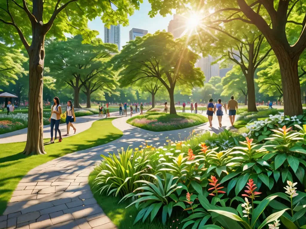 Un parque exuberante con diversa vegetación y actividad tranquila, ideal para la regulación de ruido en parques