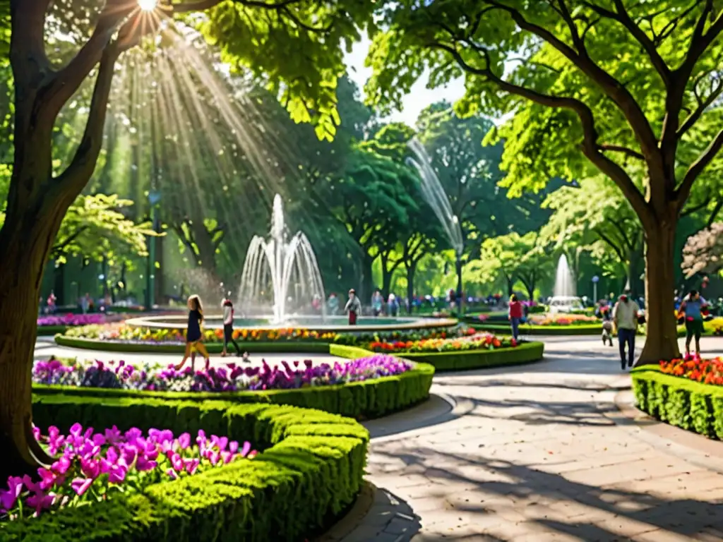 Un parque exuberante con senderos entre flores y árboles