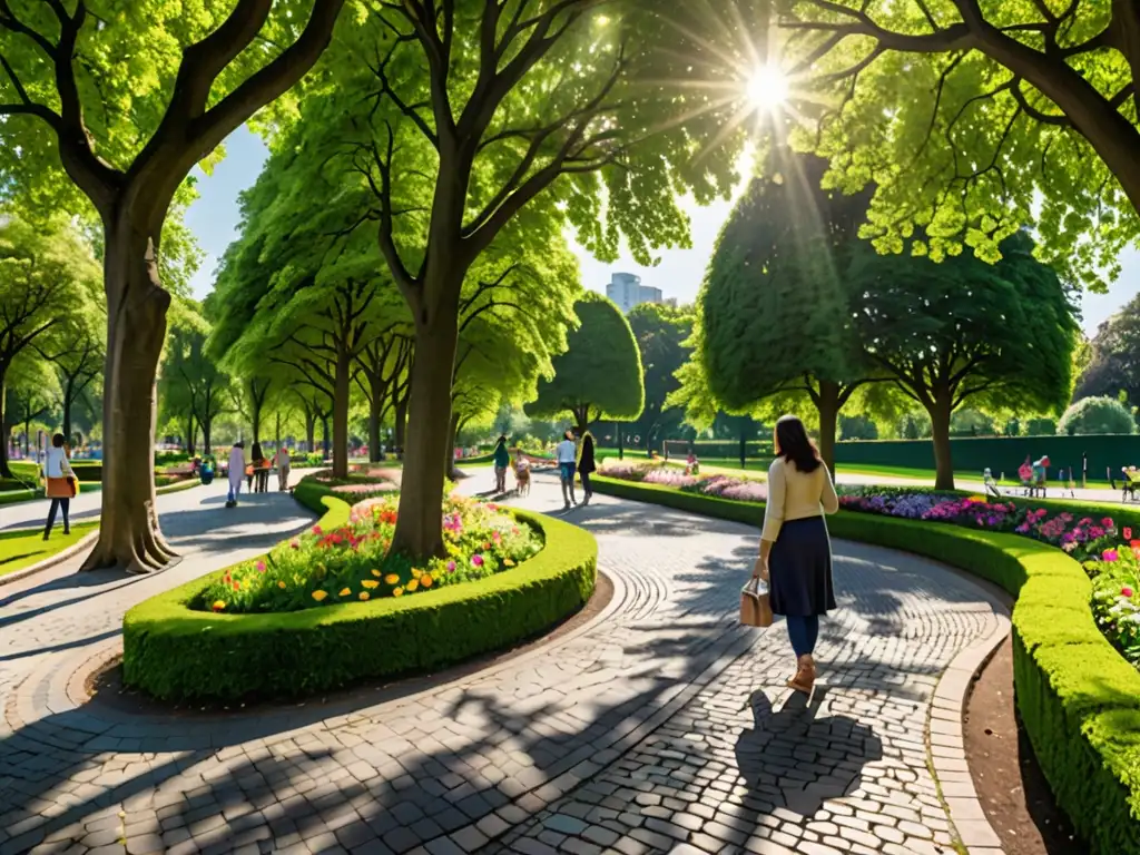 Un parque exuberante con senderos de piedra y gente disfrutando, transmite tranquilidad y la importancia de espacios verdes en la ciudad