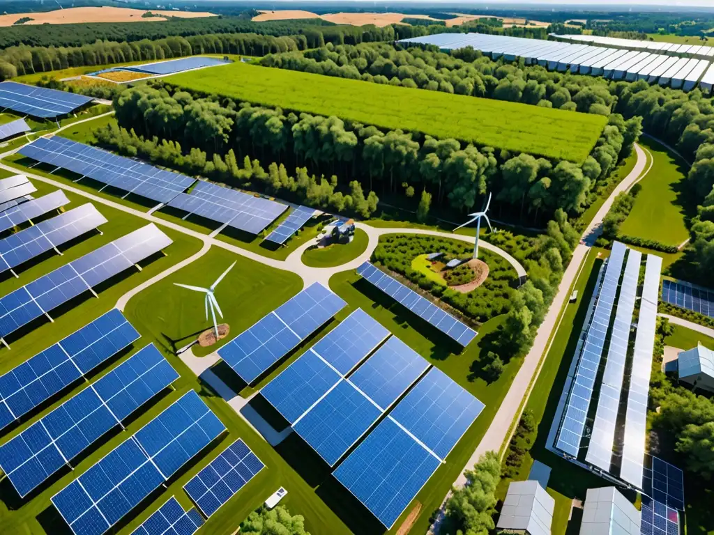 Un parque industrial sostenible rodeado de vegetación con paneles solares y turbinas eólicas